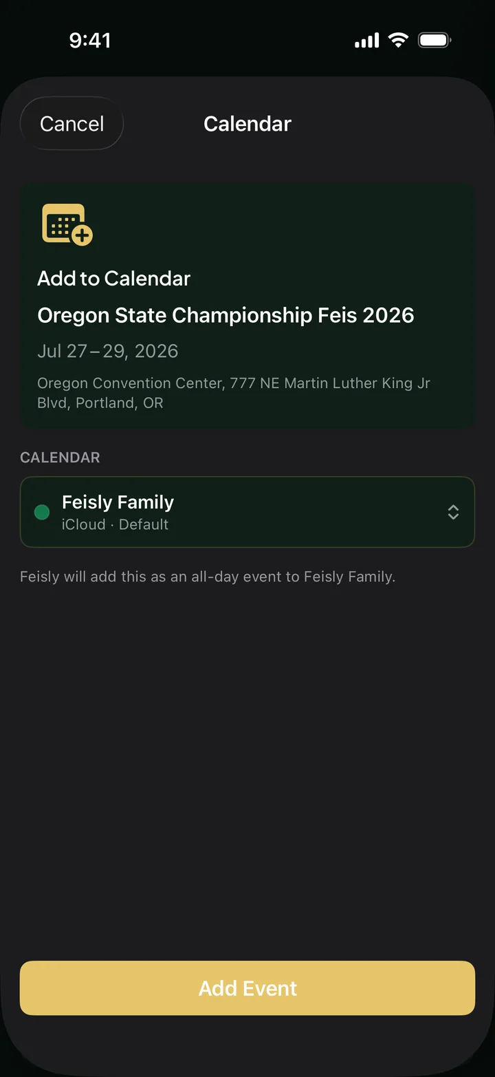 Feisly add-to-calendar sheet for a saved feis