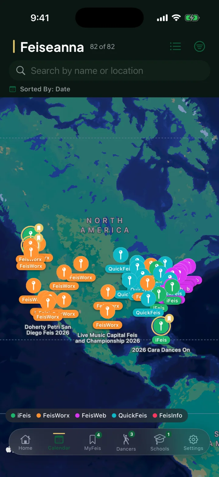 Feisly feis map screen showing nearby events