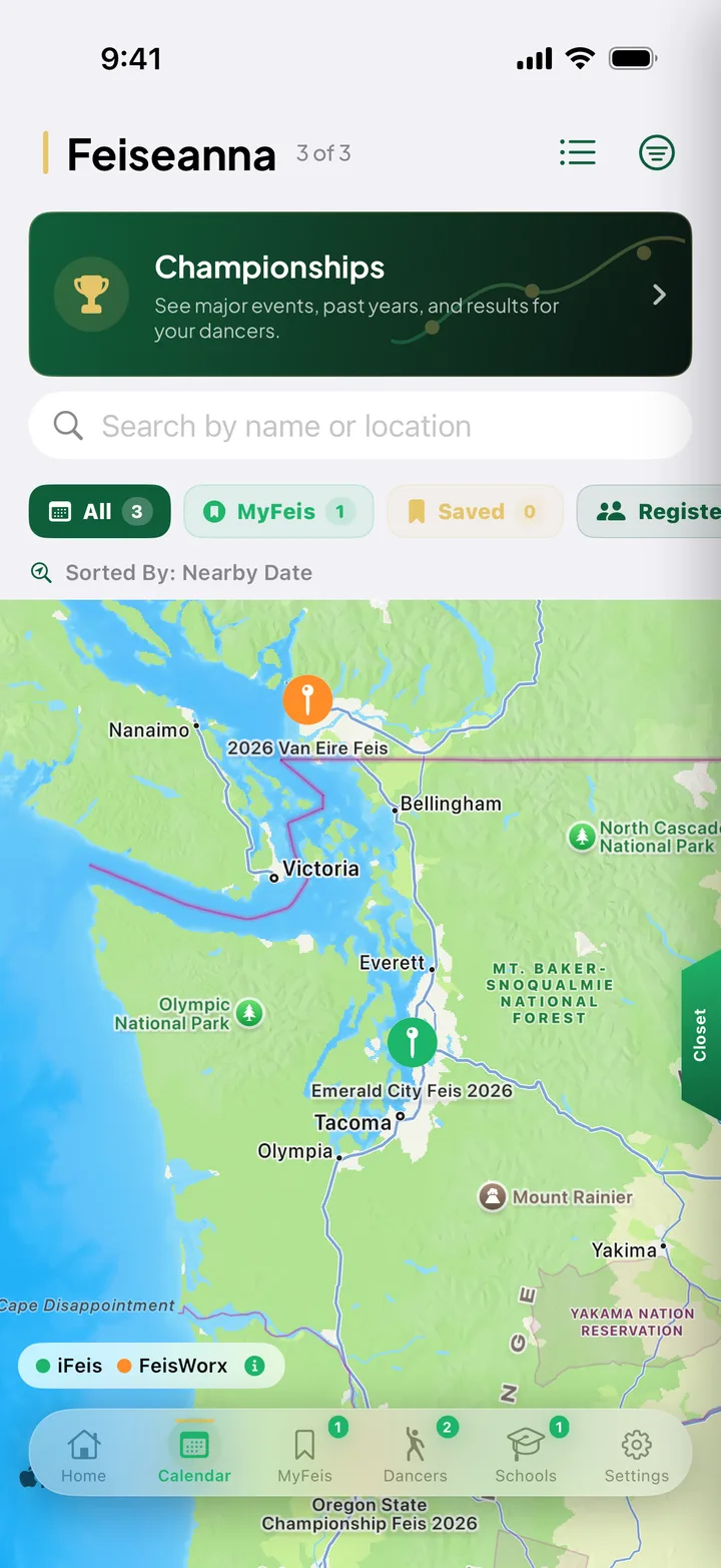 Feisly feis map with nearby events and registration windows